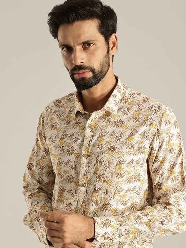 Indian Terrain Men's Slim Fit Full Sleeve All Over Print Beige Shirt
